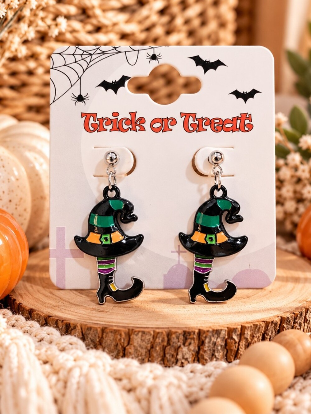 Halloween Witch Hat and Boot Dangle Earrings - Black & Green